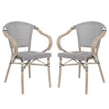 Emma & Oliver Massalia Set of Two Indoor/Outdoor Stacking Thonet Bistro Style Chairs with Arms, Textilene Seat and Bamboo Finished Metal Frame