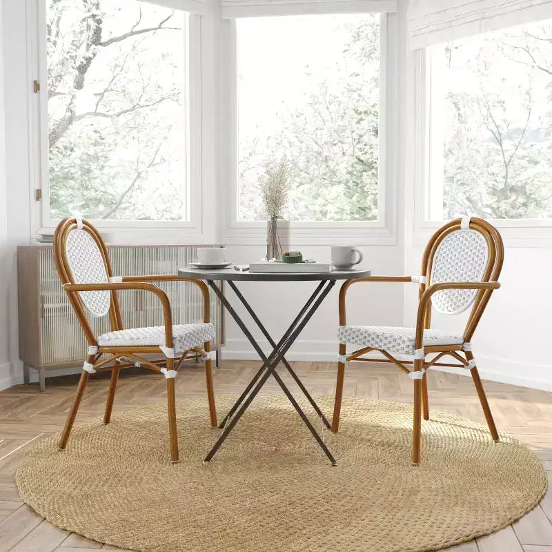 Chaise empilable Merrick Lane Mael style bistrot Thonet avec assise en textilène et cadre en métal finition bambou pour usage intérieur/extérieur