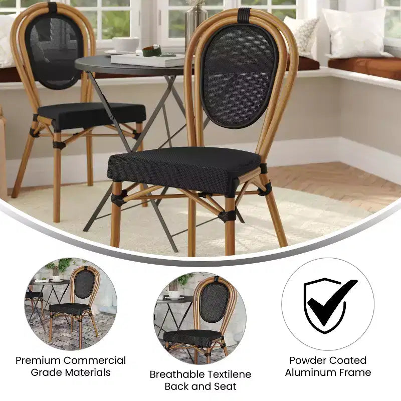 Chaise empilable Merrick Lane Mael style bistrot Thonet avec assise en textilène et cadre en métal finition bambou pour usage intérieur/extérieur
