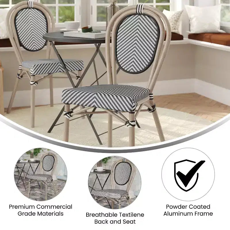 Chaise empilable Merrick Lane Mael style bistrot Thonet avec assise en textilène et cadre en métal finition bambou pour usage intérieur/extérieur