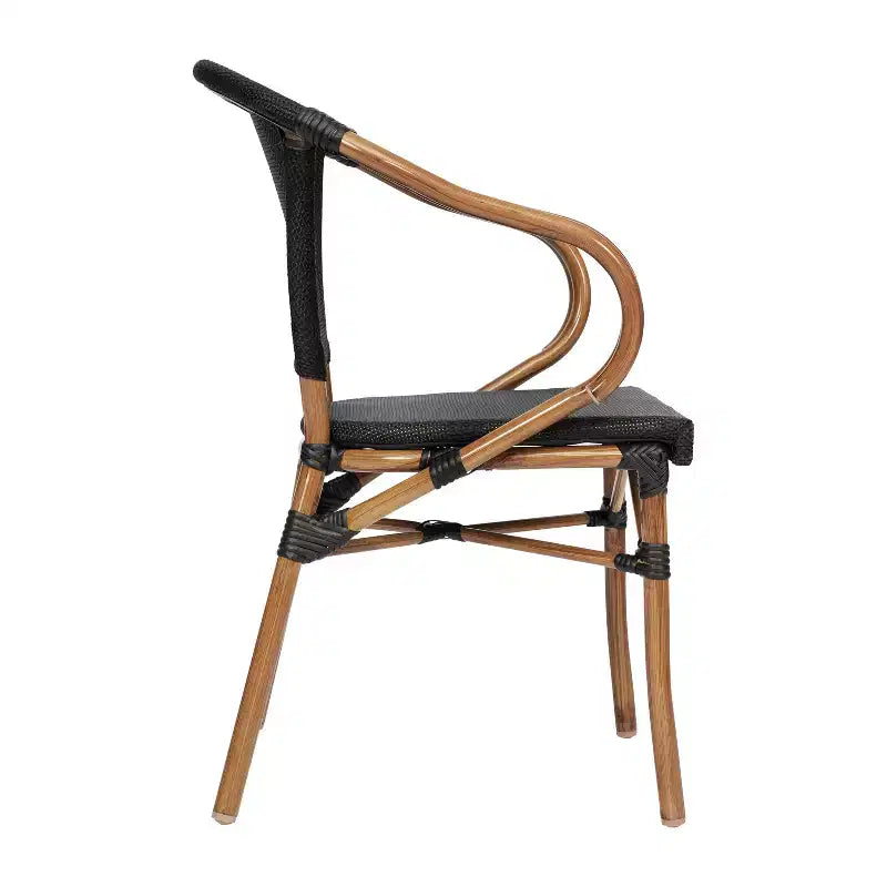 Merrick Lane Mael Lot de quatre chaises empilables de style bistrot Thonet avec accoudoirs, assise en textilène et cadre en métal finition bambou pour usage intérieur/extérieur