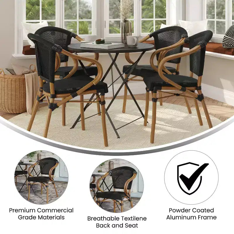 Merrick Lane Mael Lot de quatre chaises empilables de style bistrot Thonet avec accoudoirs, assise en textilène et cadre en métal finition bambou pour usage intérieur/extérieur