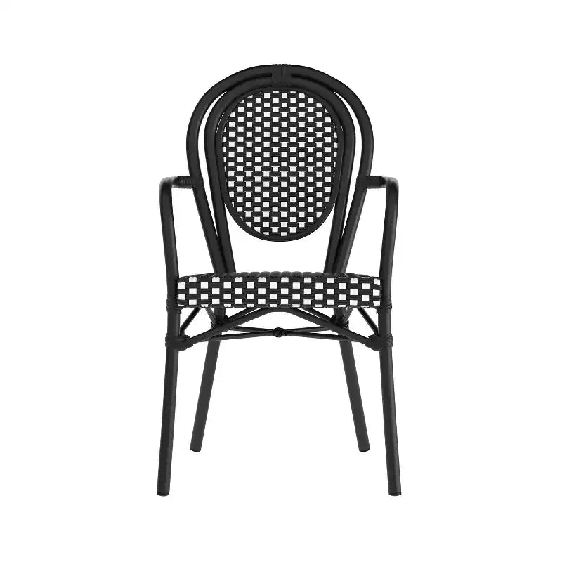 Chaise bistrot empilable Emma & Oliver Colmar Thonet avec accoudoirs, pour l'intérieur et l'extérieur, assise en rotin PE et cadre en métal finition