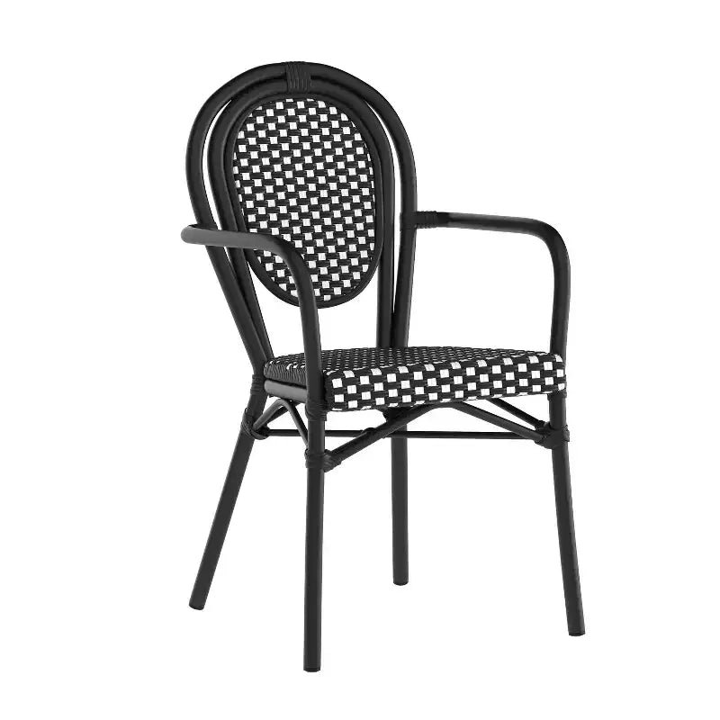 Chaise bistrot empilable Emma & Oliver Colmar Thonet avec accoudoirs, pour l'intérieur et l'extérieur, assise en rotin PE et cadre en métal finition
