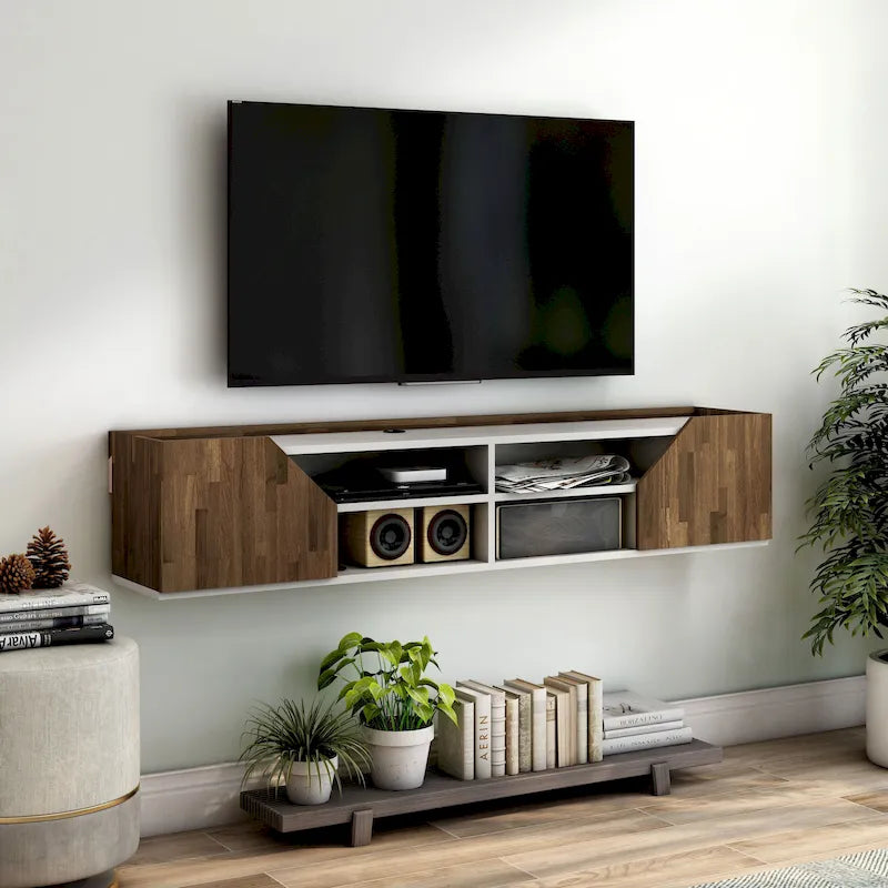 Meuble TV flottant à 4 étagères DH BASIC blanc cassé et bicolore de 155 cm par Denhour