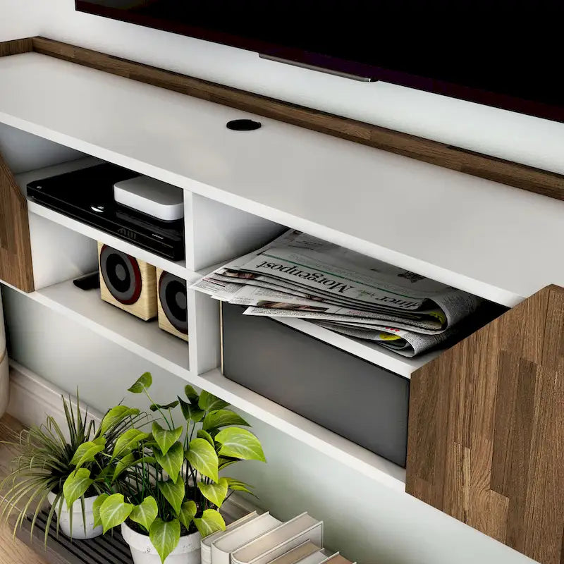 Meuble TV flottant à 4 étagères DH BASIC blanc cassé et bicolore de 155 cm par Denhour