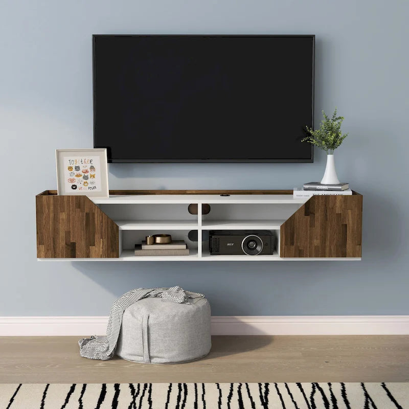 Meuble TV flottant à 4 étagères DH BASIC blanc cassé et bicolore de 155 cm par Denhour