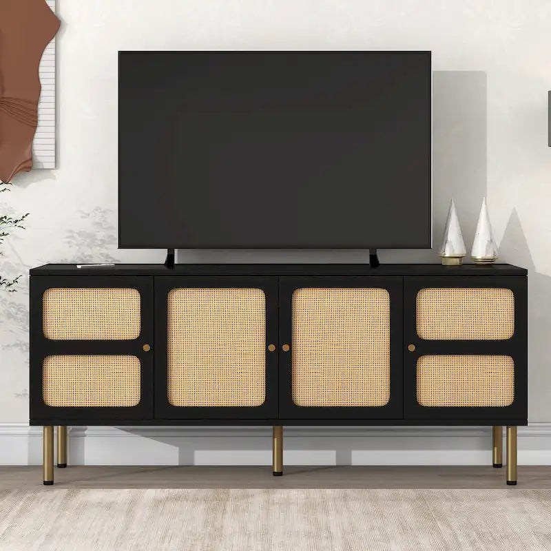 Meuble TV en bois et rotin de style bohème champêtre - 16.90 x 64.90 x 28.30