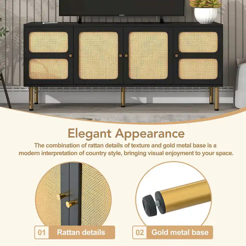 Meuble TV en bois et rotin de style bohème champêtre - 16.90 x 64.90 x 28.30