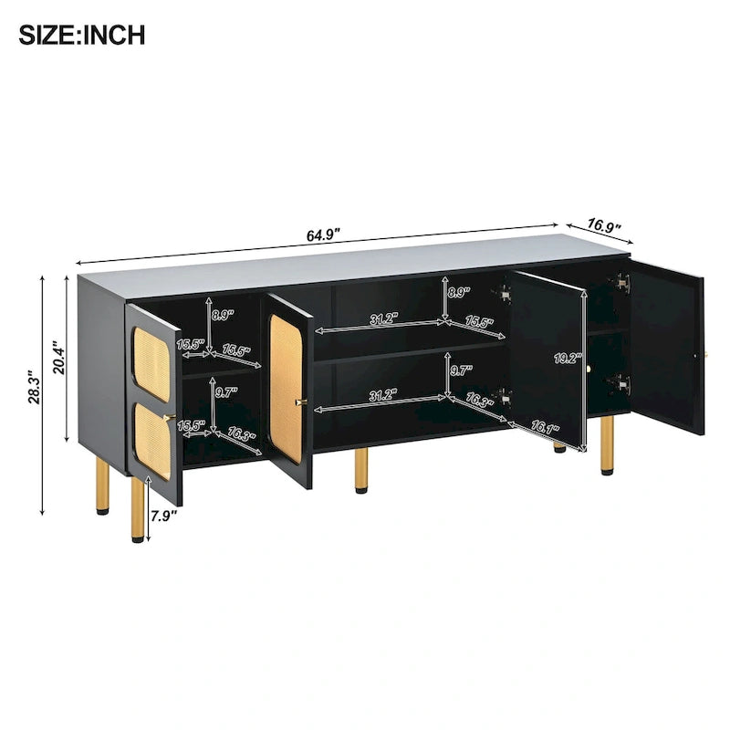Meuble TV en bois et rotin de style bohème champêtre - 16.90 x 64.90 x 28.30