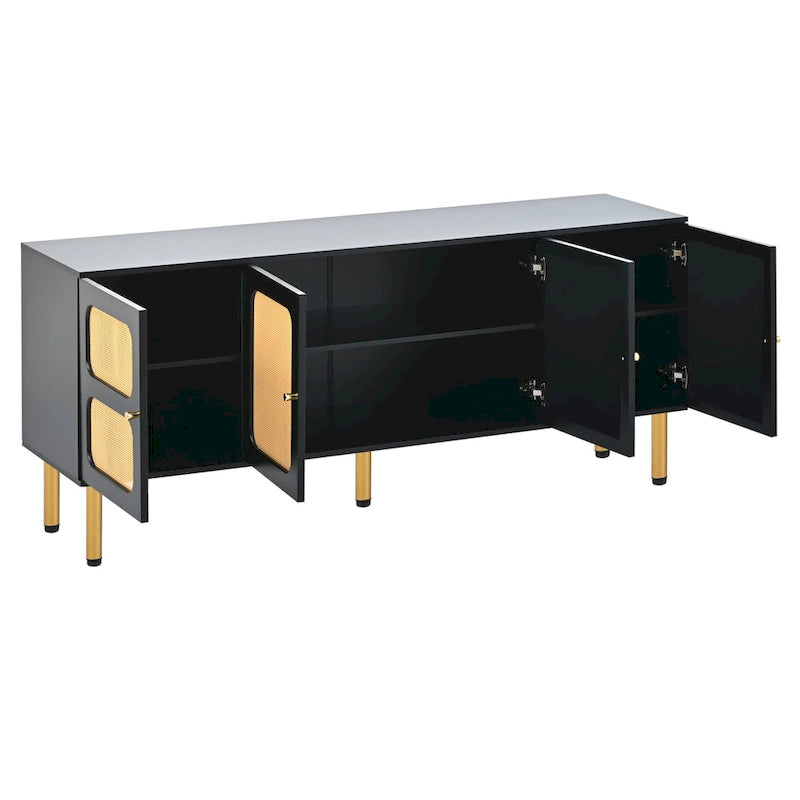 Meuble TV en bois et rotin de style bohème champêtre - 16.90 x 64.90 x 28.30