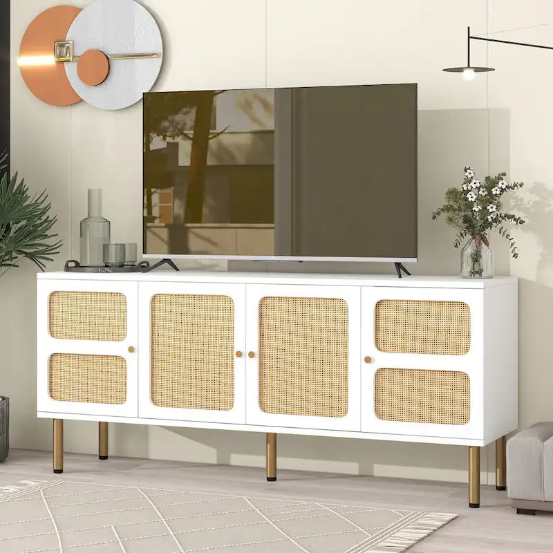 Meuble TV en bois et rotin de style bohème champêtre - 16.90 x 64.90 x 28.30
