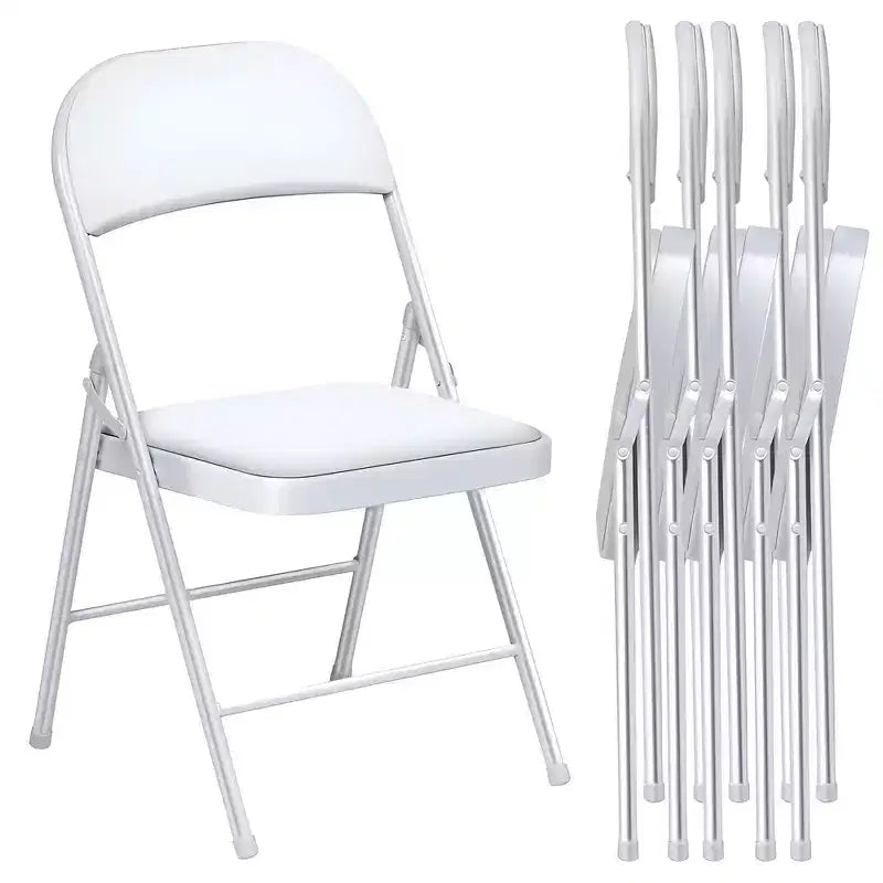 Padded Folding Chair Set of 6 PU Leather Upholstered Steel Frame 350 lbs Capacity Event Seating, White