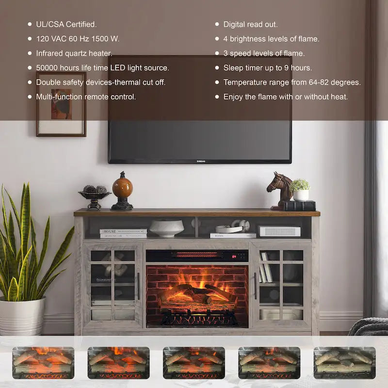 Meuble TV 55 pouces avec foyer électrique avec inserts de chauffage KD, couleur gris délavé
