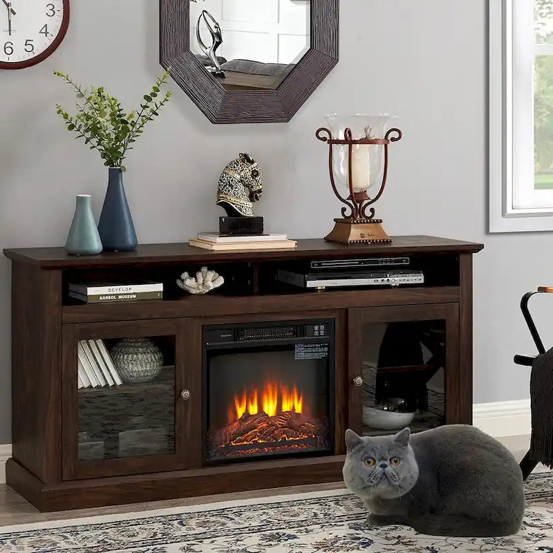 Meuble TV cheminée électrique rétro 60W, étagères et armoires réglables - 60L*15,75P*29H