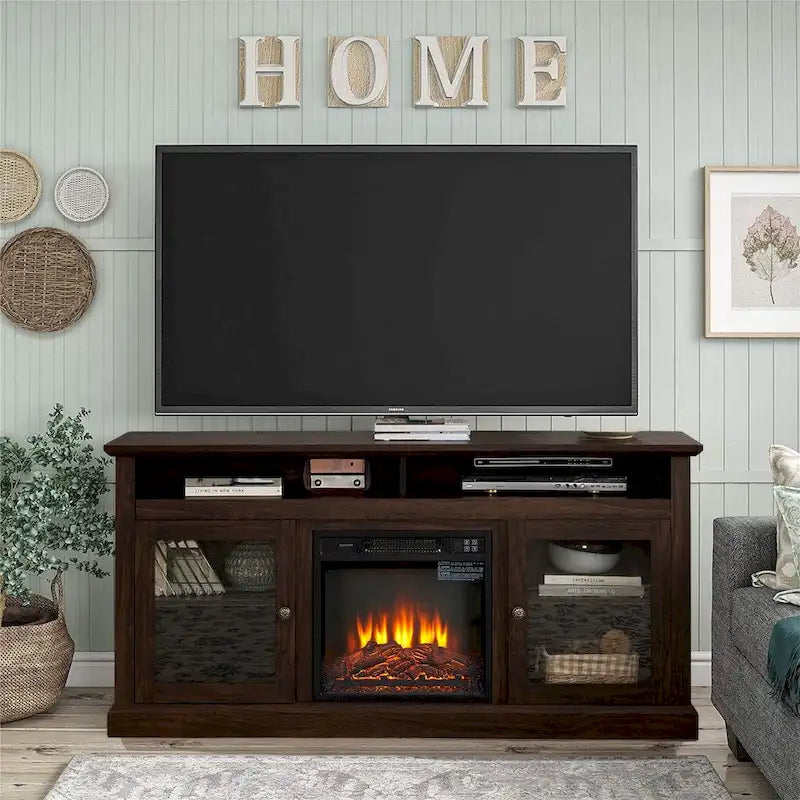 Meuble TV cheminée électrique rétro 60W, étagères et armoires réglables - 60L*15,75P*29H