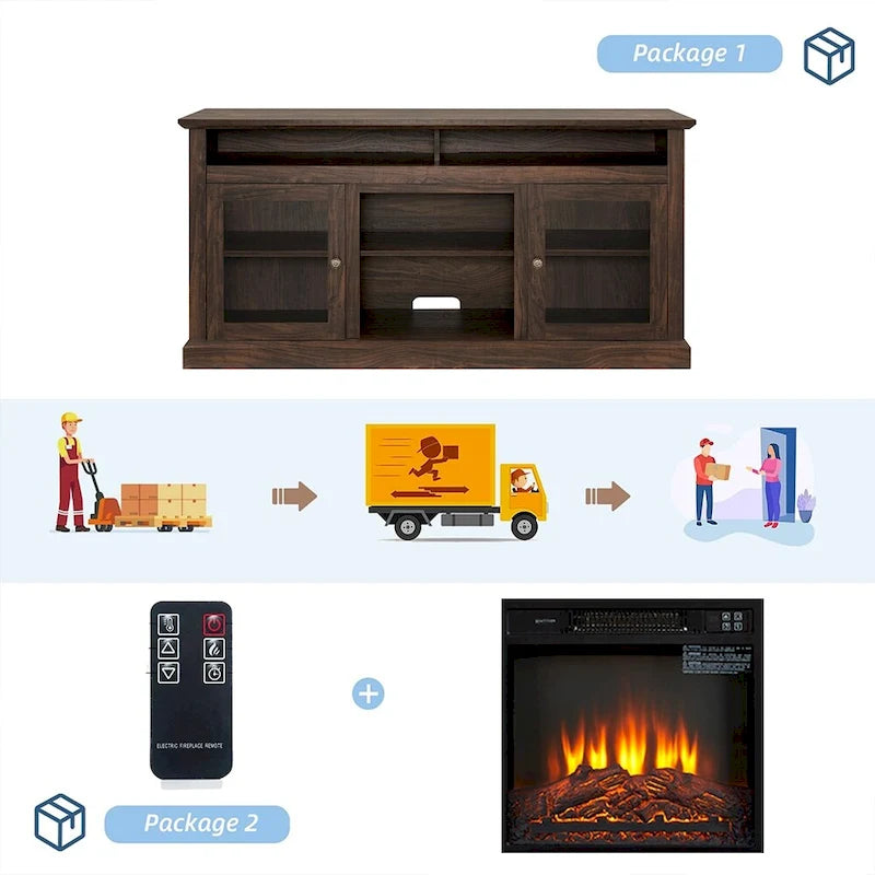 Meuble TV cheminée électrique rétro 60W, étagères et armoires réglables - 60L*15,75P*29H