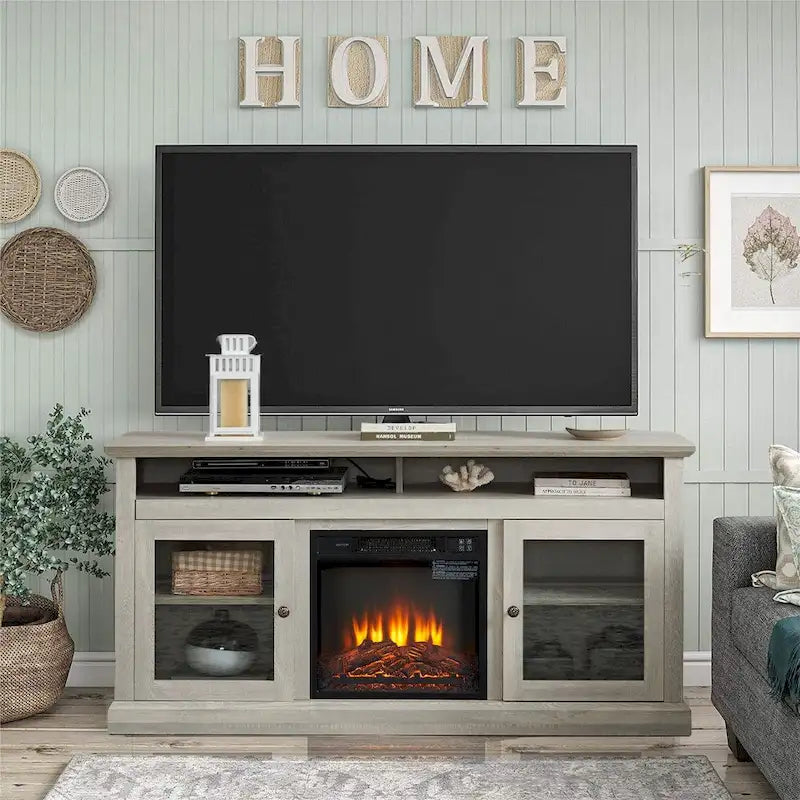 Meuble TV cheminée électrique rétro 60W, étagères et armoires réglables - 60L*15,75P*29H
