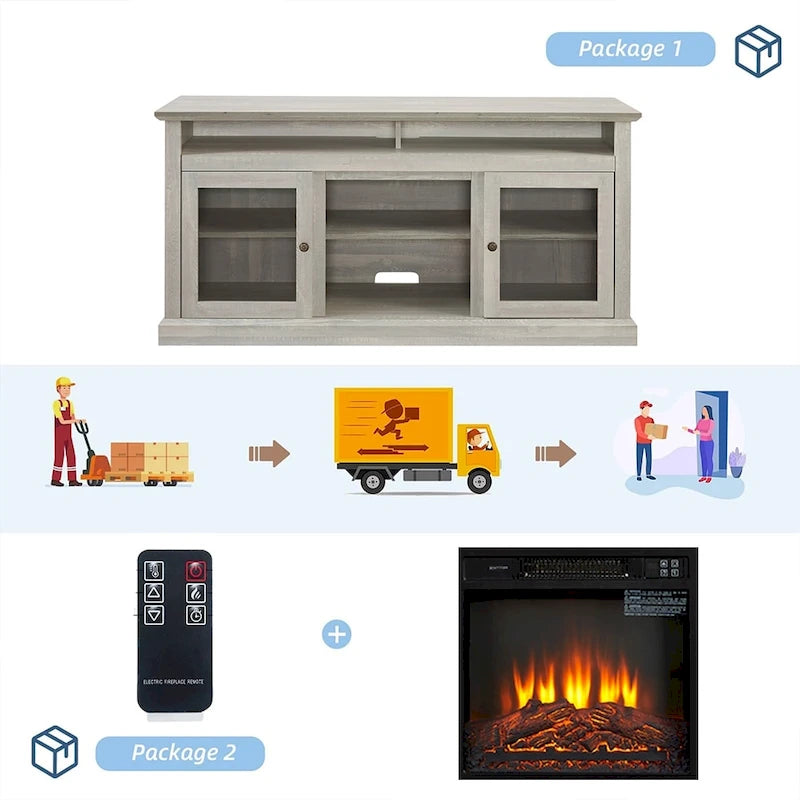 Meuble TV cheminée électrique rétro 60W, étagères et armoires réglables - 60L*15,75P*29H