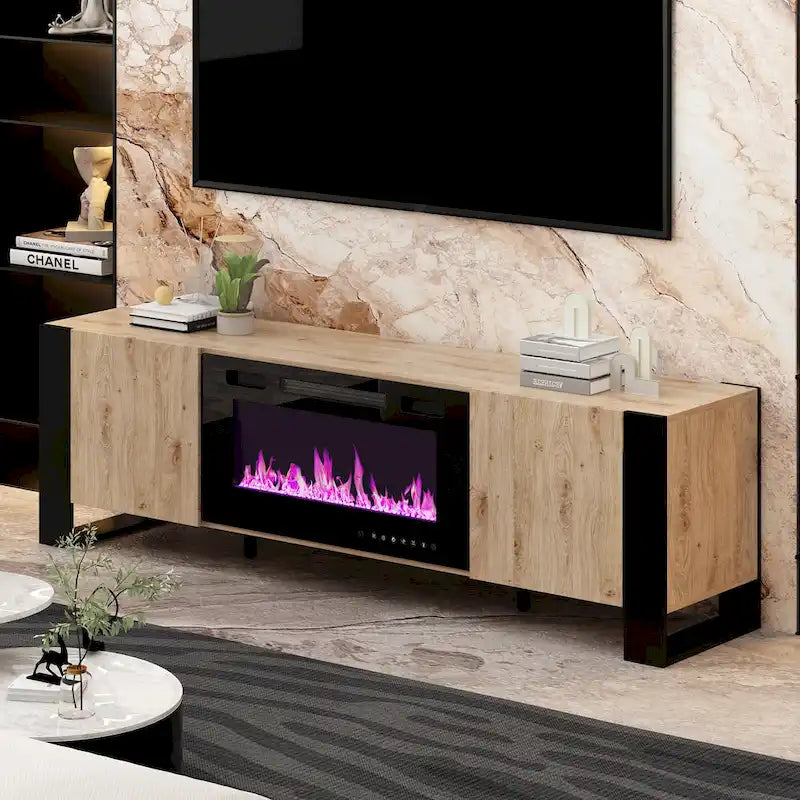 Meuble TV effet bois avec cheminée électrique optionnelle : Gestion des câbles