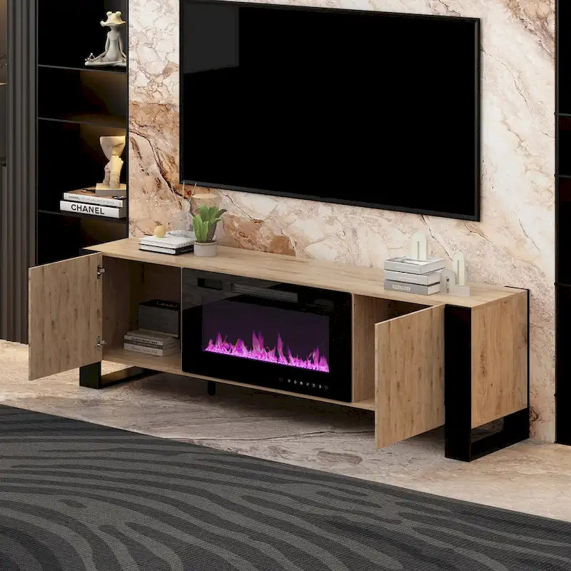 Meuble TV effet bois avec cheminée électrique optionnelle : Gestion des câbles
