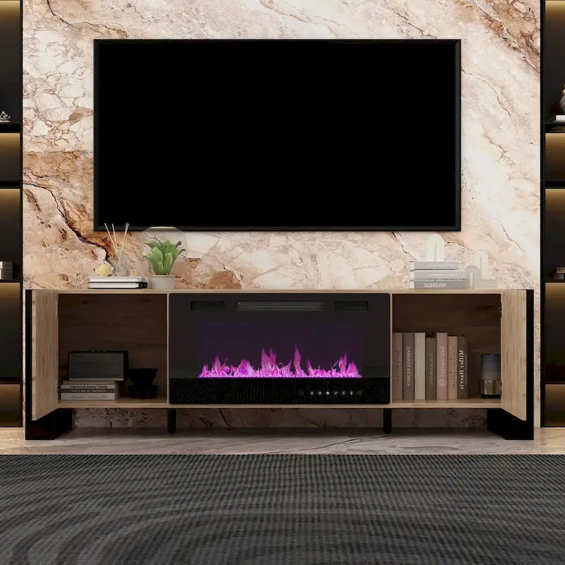 Meuble TV effet bois avec cheminée électrique optionnelle : Gestion des câbles