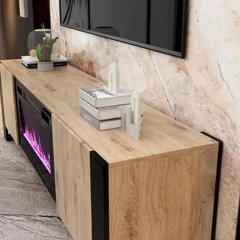 Meuble TV effet bois avec cheminée électrique optionnelle : Gestion des câbles