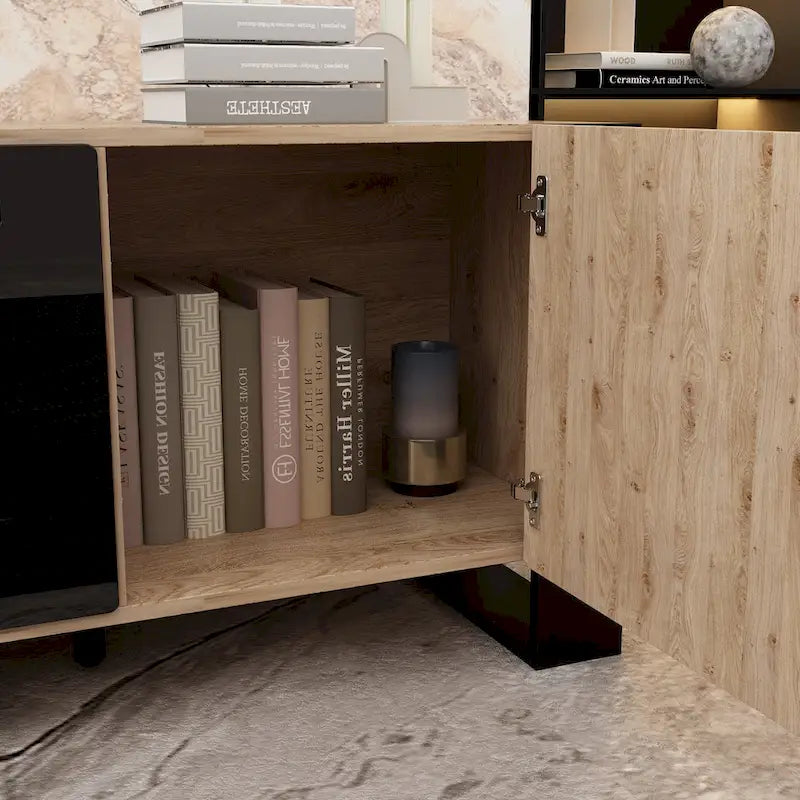Meuble TV effet bois avec cheminée électrique optionnelle : Gestion des câbles