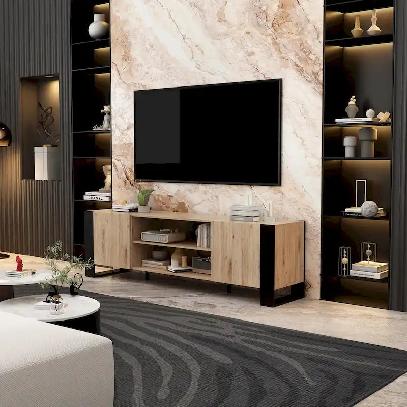 Meuble TV effet bois avec cheminée électrique optionnelle : Gestion des câbles