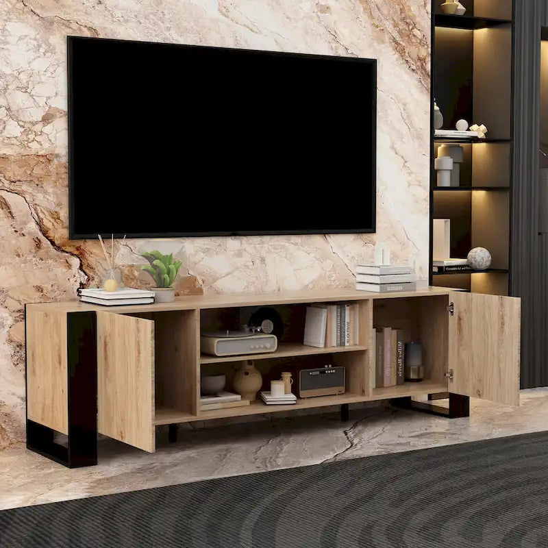 Meuble TV effet bois avec cheminée électrique optionnelle : Gestion des câbles