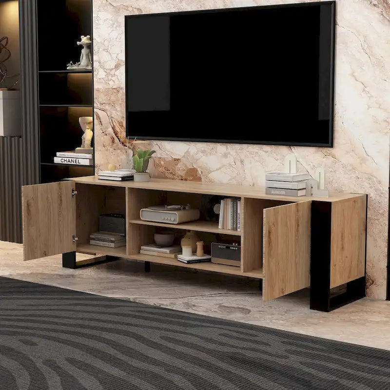 Meuble TV effet bois avec cheminée électrique optionnelle : Gestion des câbles