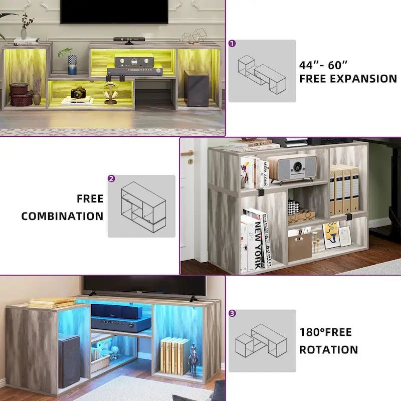Meuble TV Moasis moderne à faire soi-même, meuble TV déformable avec bande lumineuse à LED