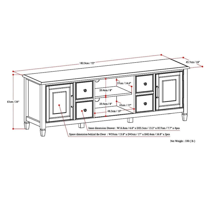 WYNDENHALL Hampshire Meuble TV multimédia traditionnel en BOIS MASSIF de 72 pouces de large pour téléviseurs jusqu'à 80 pouces - 72l x 18p x 24h
