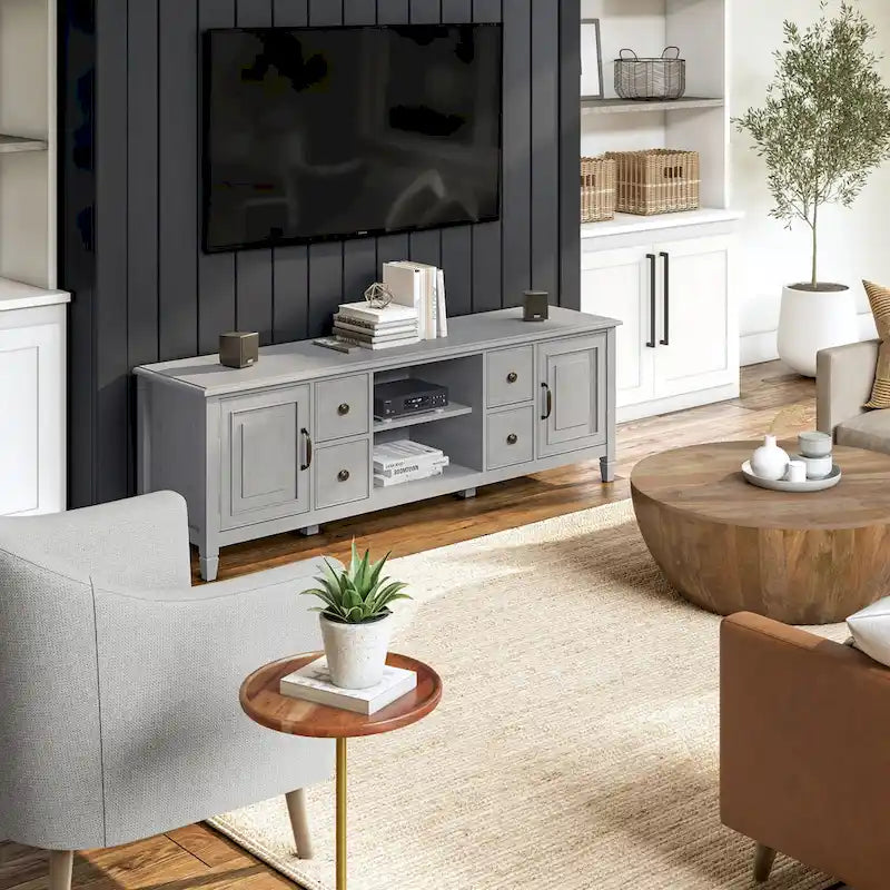 WYNDENHALL Hampshire Meuble TV multimédia traditionnel en BOIS MASSIF de 72 pouces de large pour téléviseurs jusqu'à 80 pouces - 72l x 18p x 24h