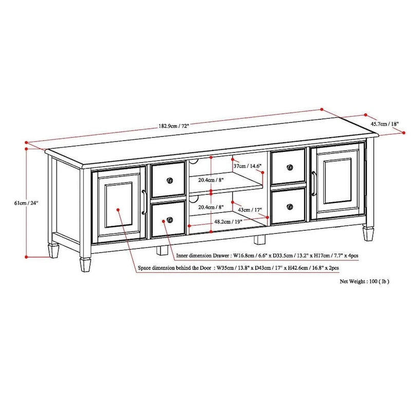 WYNDENHALL Hampshire Meuble TV multimédia traditionnel en BOIS MASSIF de 72 pouces de large pour téléviseurs jusqu'à 80 pouces - 72l x 18p x 24h