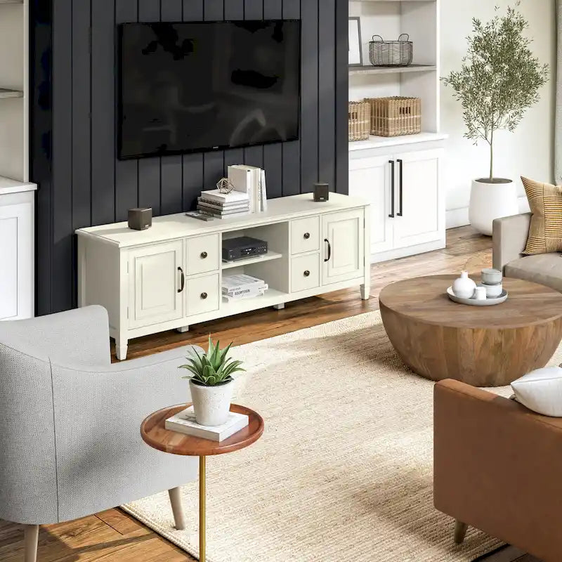 WYNDENHALL Hampshire Meuble TV multimédia traditionnel en BOIS MASSIF de 72 pouces de large pour téléviseurs jusqu'à 80 pouces - 72l x 18p x 24h