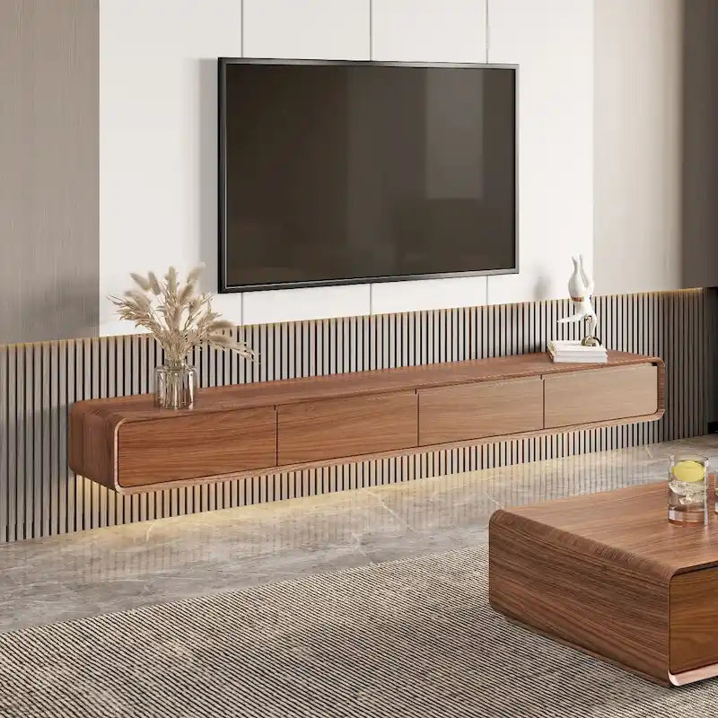 Meuble TV flottant, centre de divertissement moderne mural avec 3/4 tiroirs, bois massif, entièrement assemblé