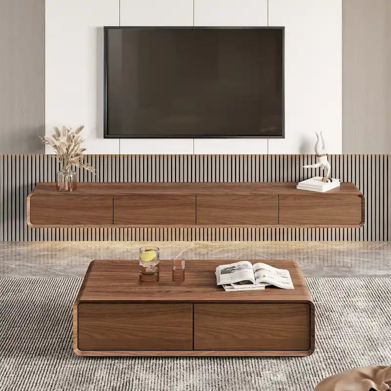 Meuble TV flottant, centre de divertissement moderne mural avec 3/4 tiroirs, bois massif, entièrement assemblé