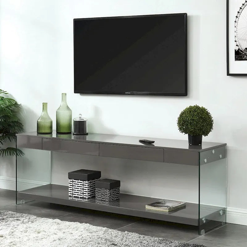 Meuble TV Takamura Modern 60 po en verre, 1 tablette et 1 tiroir, par Strick & Bolton