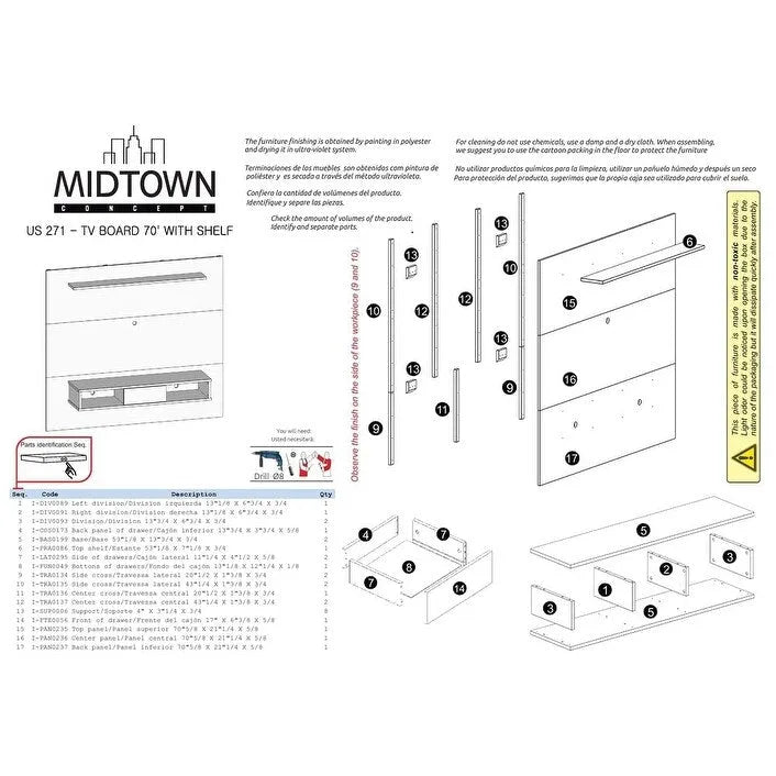 Tablette murale de télévision Midtown Concept pour téléviseur de 70 po