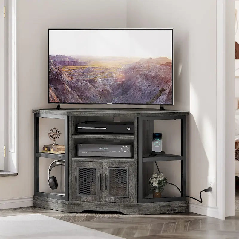 Meuble TV d'angle Moasis Farmhouse pour téléviseurs jusqu'à 55 pouces Meuble console de divertissement en bois
