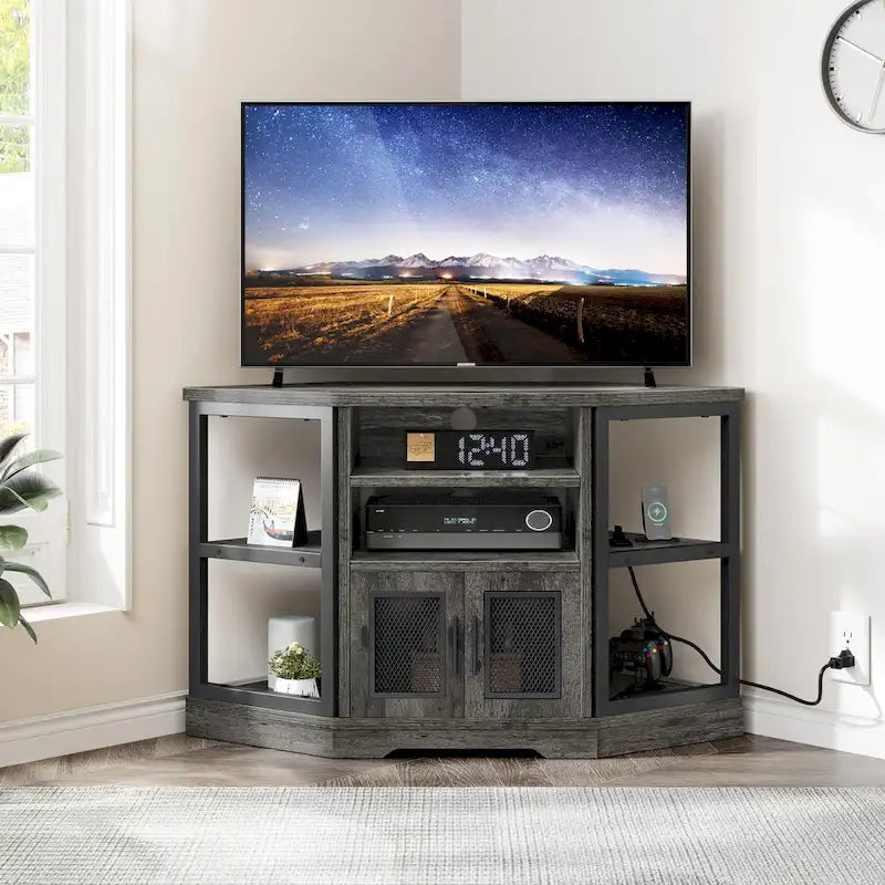 Meuble TV d'angle Moasis Farmhouse pour téléviseurs jusqu'à 55 pouces Meuble console de divertissement en bois