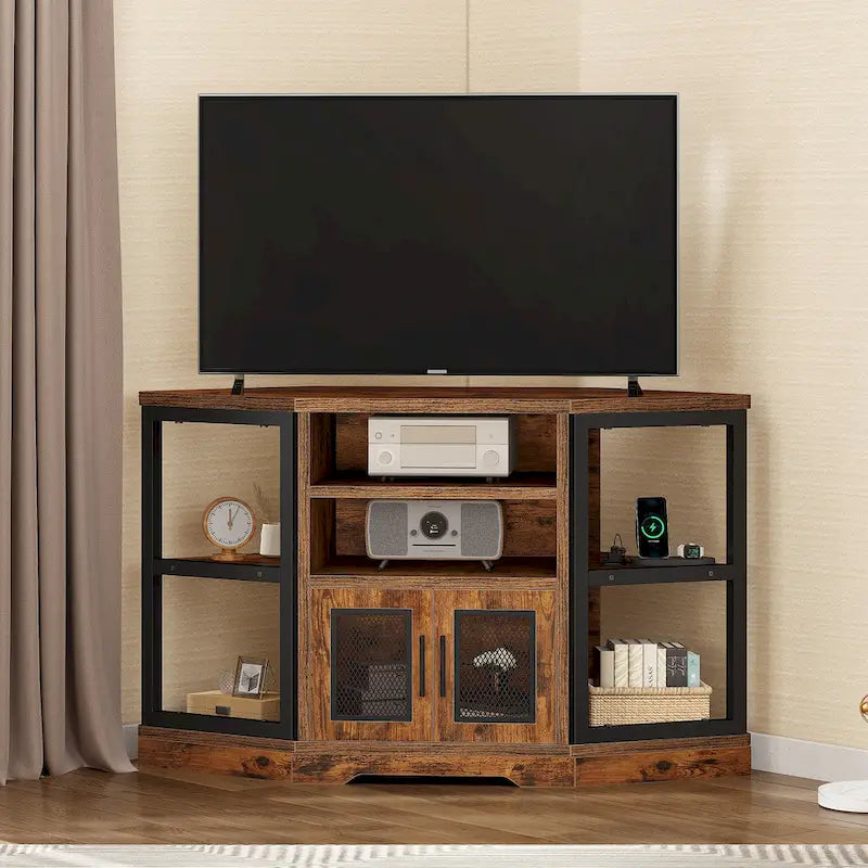 Meuble TV d'angle et console multimédia en bois avec porte en maille Moasis 47 pouces