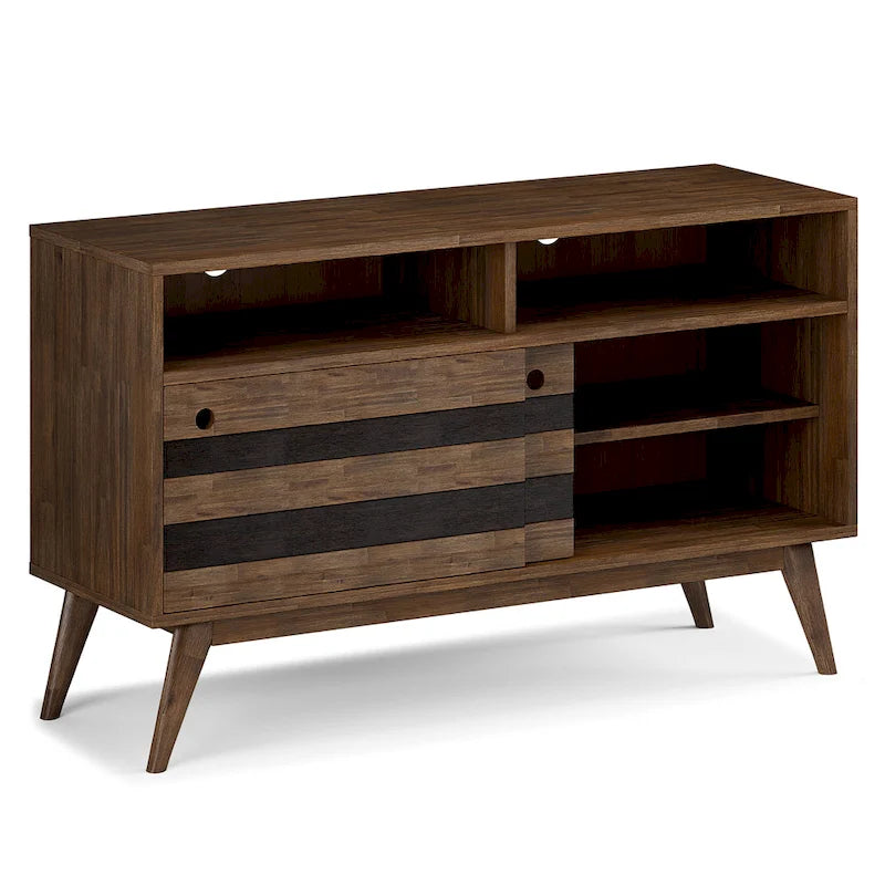 Meuble TV/média Wyndenhall Wright en BOIS D'ACACIA MASSIF de 54 pouces de large, design milieu de siècle, finition marron vieilli naturel rustique