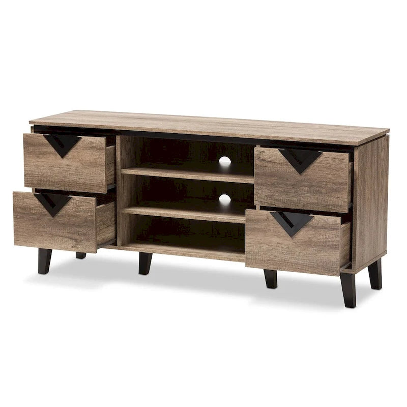 Meuble TV contemporain en bois marron clair de 140 cm avec 4 tiroirs par Baxton Studio