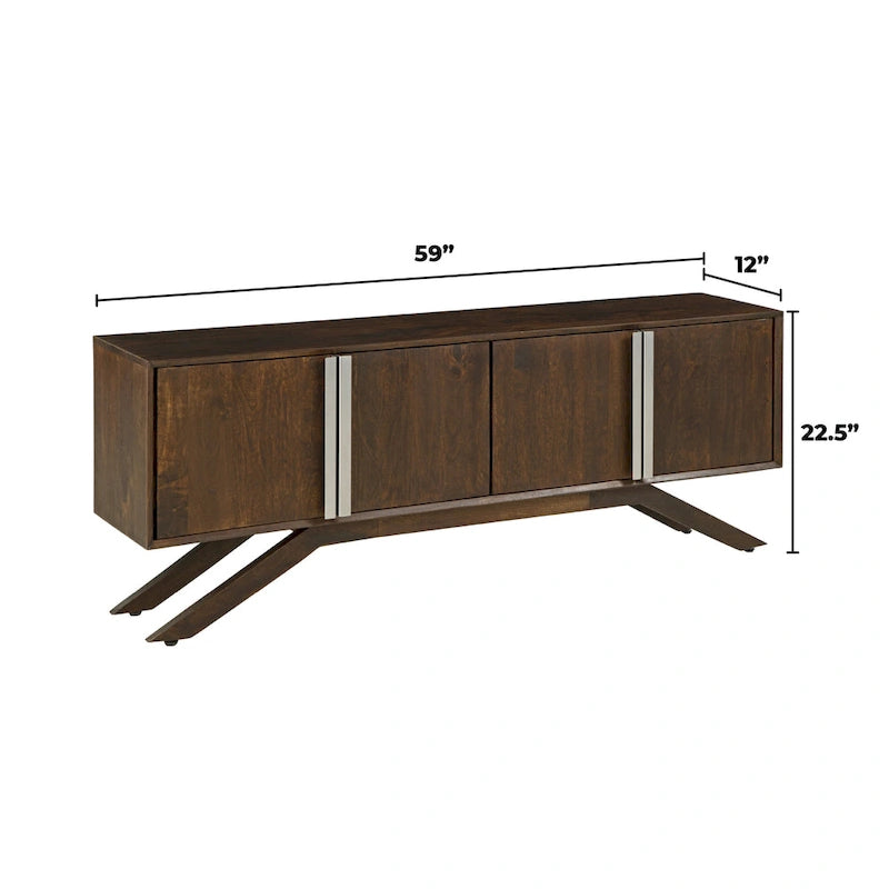 Meuble TV Modena Mid-Century Modern en bois massif de Noyer, largeur 59 po