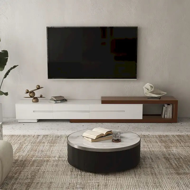 Meuble TV Moderne Extensible Blanc, Meuble TV en Bois Massif pour TV Jusqu'à 100 Pouces avec 3 Tiroirs, Entièrement Assemblé, Placage Noyer