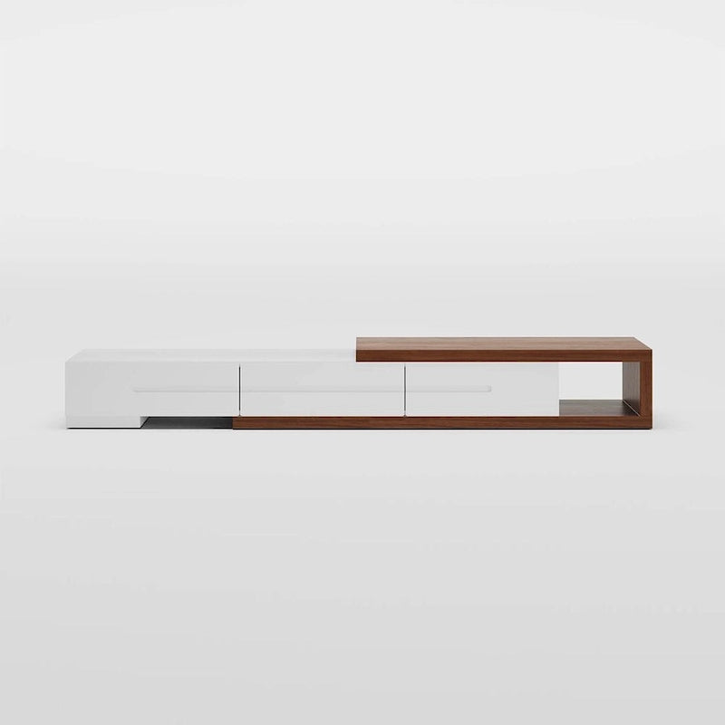Meuble TV Moderne Extensible Blanc, Meuble TV en Bois Massif pour TV Jusqu'à 100 Pouces avec 3 Tiroirs, Entièrement Assemblé, Placage Noyer