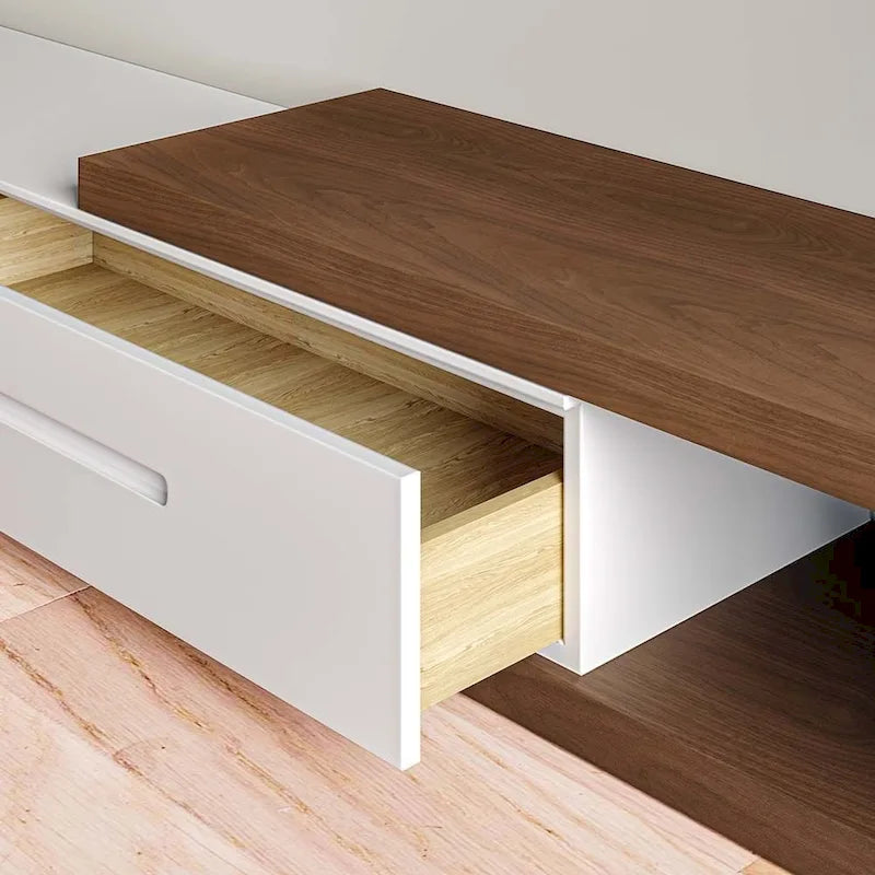 Meuble TV Moderne Extensible Blanc, Meuble TV en Bois Massif pour TV Jusqu'à 100 Pouces avec 3 Tiroirs, Entièrement Assemblé, Placage Noyer