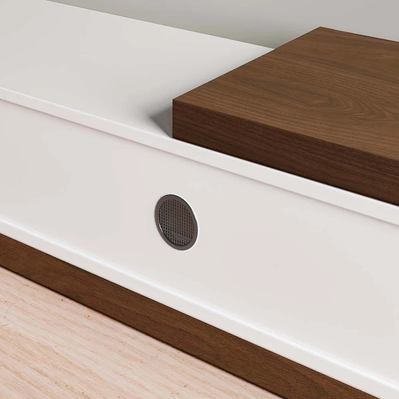 Meuble TV Moderne Extensible Blanc, Meuble TV en Bois Massif pour TV Jusqu'à 100 Pouces avec 3 Tiroirs, Entièrement Assemblé, Placage Noyer